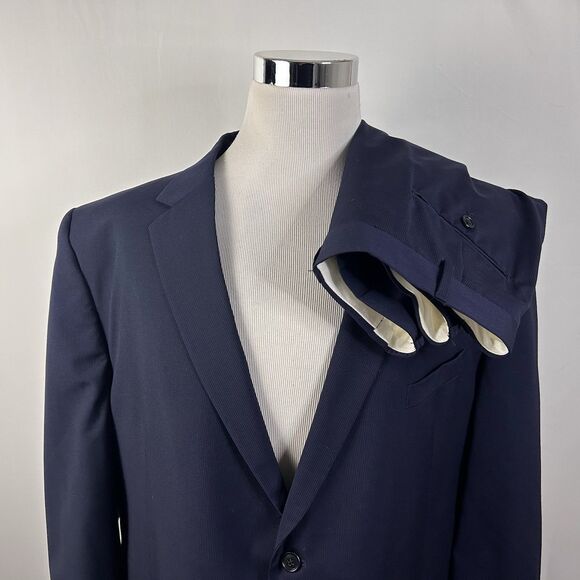 Pronto Uomo 52R Suit 25x29 Flat Front Blue Striped Wool Blend Two Double Vented